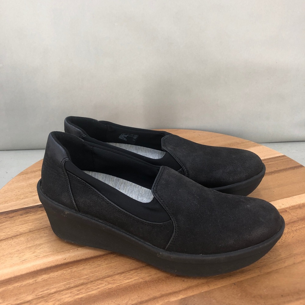 Clarks Cloudsteppers Step Rose Moon Black Slip On Loafer Wedge Shoes Size 7M